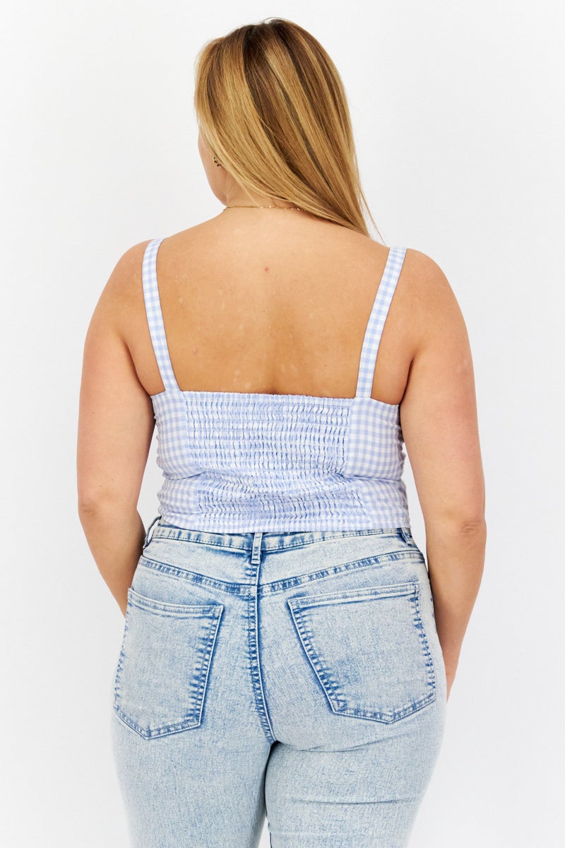 Women Tie Neck Sleeveless Checkered Crop Top, Blue/White