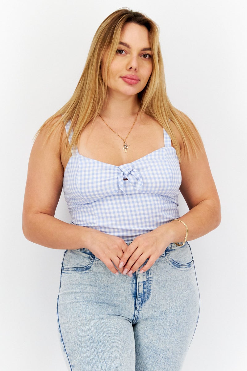 Women Tie Neck Sleeveless Checkered Crop Top, Blue/White