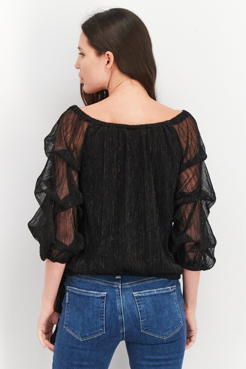 Women Bateau Neckline Tiered Sleeves Metallic Top, Black