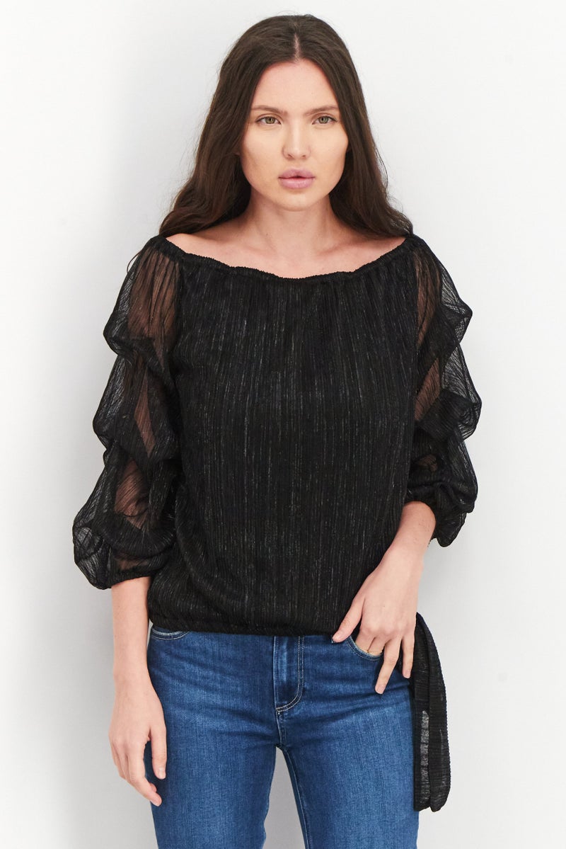 Women Bateau Neckline Tiered Sleeves Metallic Top, Black