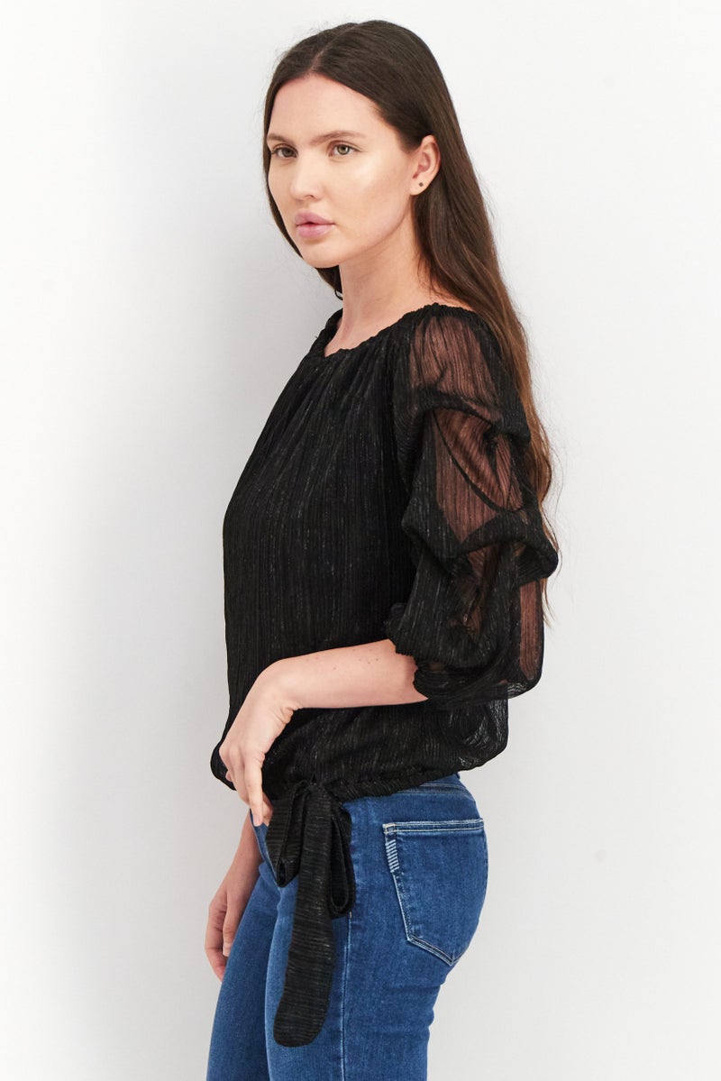 Women Bateau Neckline Tiered Sleeves Metallic Top, Black