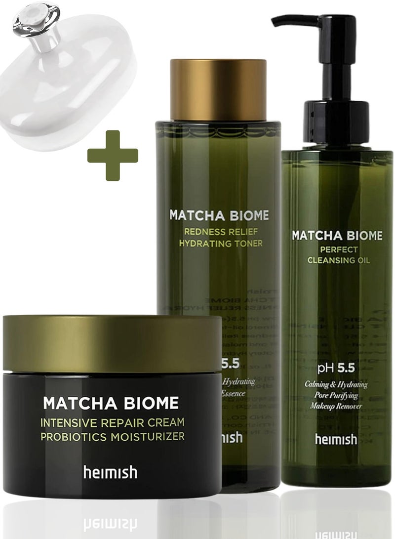 Heimish Matcha Biome Ultimate Skin Soothing Set: Cleansing Oil, Redness Relief Toner, Intensive Repair Cream & Face Scrubber