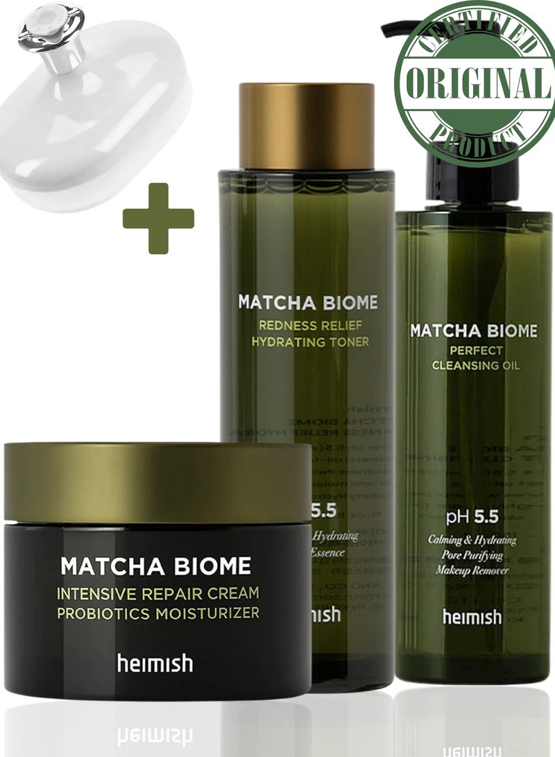 Heimish Matcha Biome Ultimate Skin Soothing Set: Cleansing Oil, Redness Relief Toner, Intensive Repair Cream & Face Scrubber