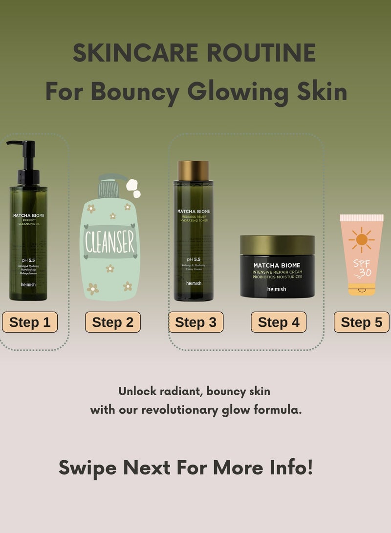 Heimish Matcha Biome Ultimate Skin Soothing Set: Cleansing Oil, Redness Relief Toner, Intensive Repair Cream & Face Scrubber