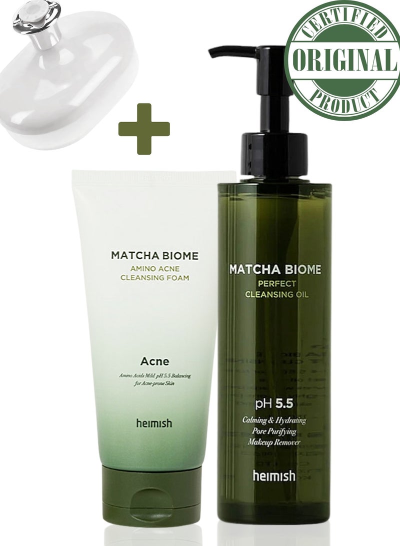 Heimish Matcha Biome Cleansing Duo: Biome Cleansing Oil & Amino Acne Cleansing Foam 150ml Each & Face Scrubber