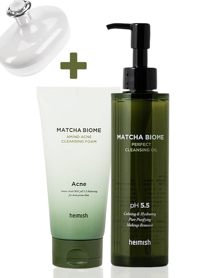 Heimish Matcha Biome Cleansing Duo: Biome Cleansing Oil & Amino Acne Cleansing Foam 150ml Each & Face Scrubber
