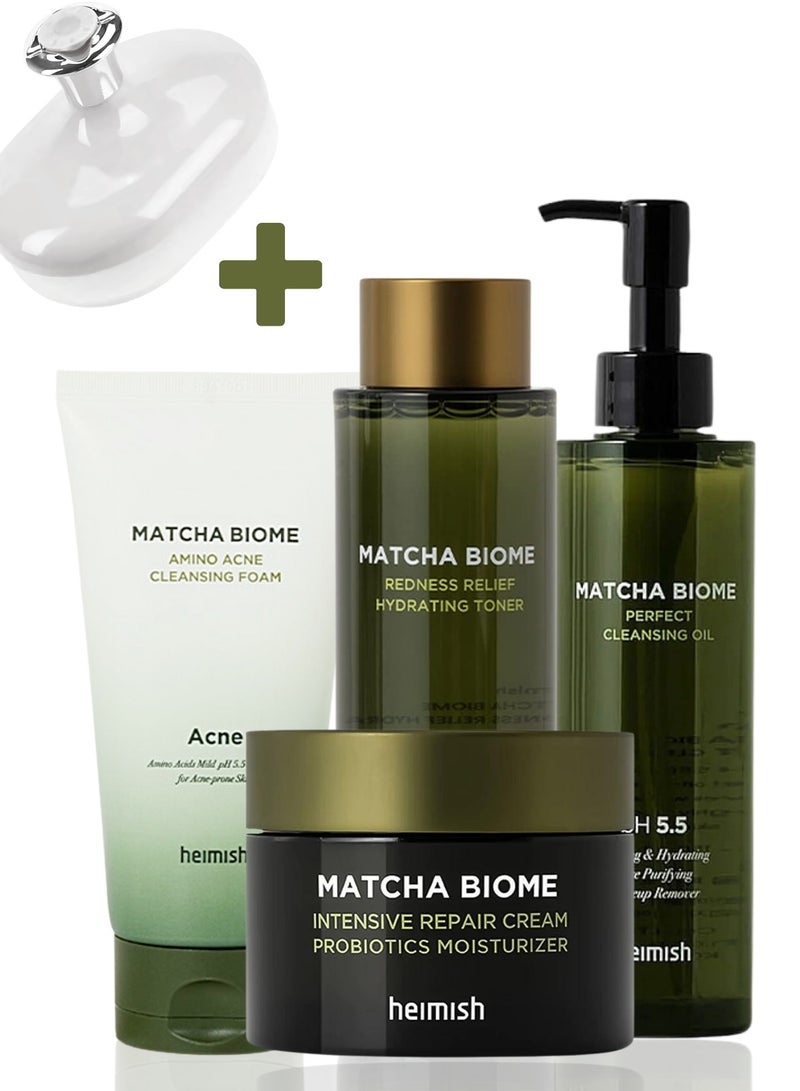Heimish Matcha Biome Complete Skincare Set: Cleansing Oil, Acne Cleansing Foam, Hydrating Toner, Intensive Repair Cream & Face Scrubber