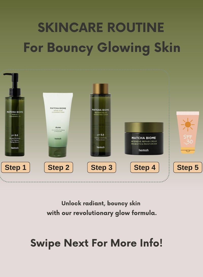 Heimish Matcha Biome Complete Skincare Set: Cleansing Oil, Acne Cleansing Foam, Hydrating Toner, Intensive Repair Cream & Face Scrubber