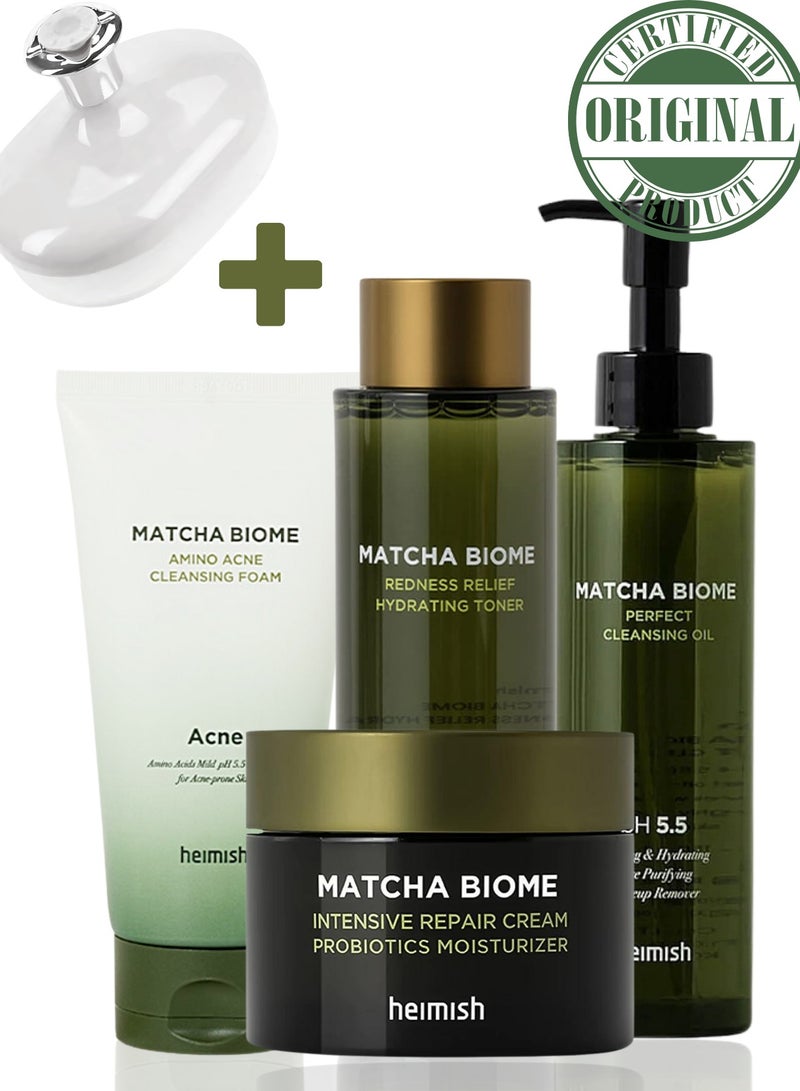Heimish Matcha Biome Complete Skincare Set: Cleansing Oil, Acne Cleansing Foam, Hydrating Toner, Intensive Repair Cream & Face Scrubber