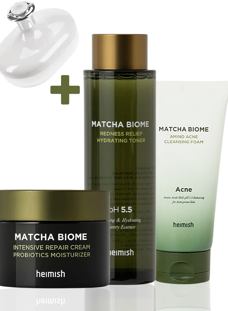 Heimish Matcha Biome Skincare Trio: Amino Acne Cleansing Foam, Redness Relief Hydrating Toner, & Intensive Repair Cream & Face Scrubber