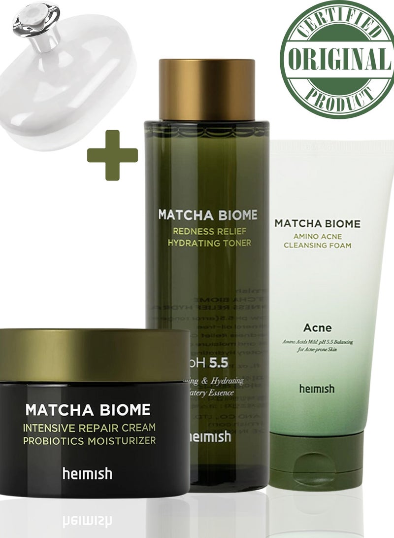 Heimish Matcha Biome Skincare Trio: Amino Acne Cleansing Foam, Redness Relief Hydrating Toner, & Intensive Repair Cream & Face Scrubber