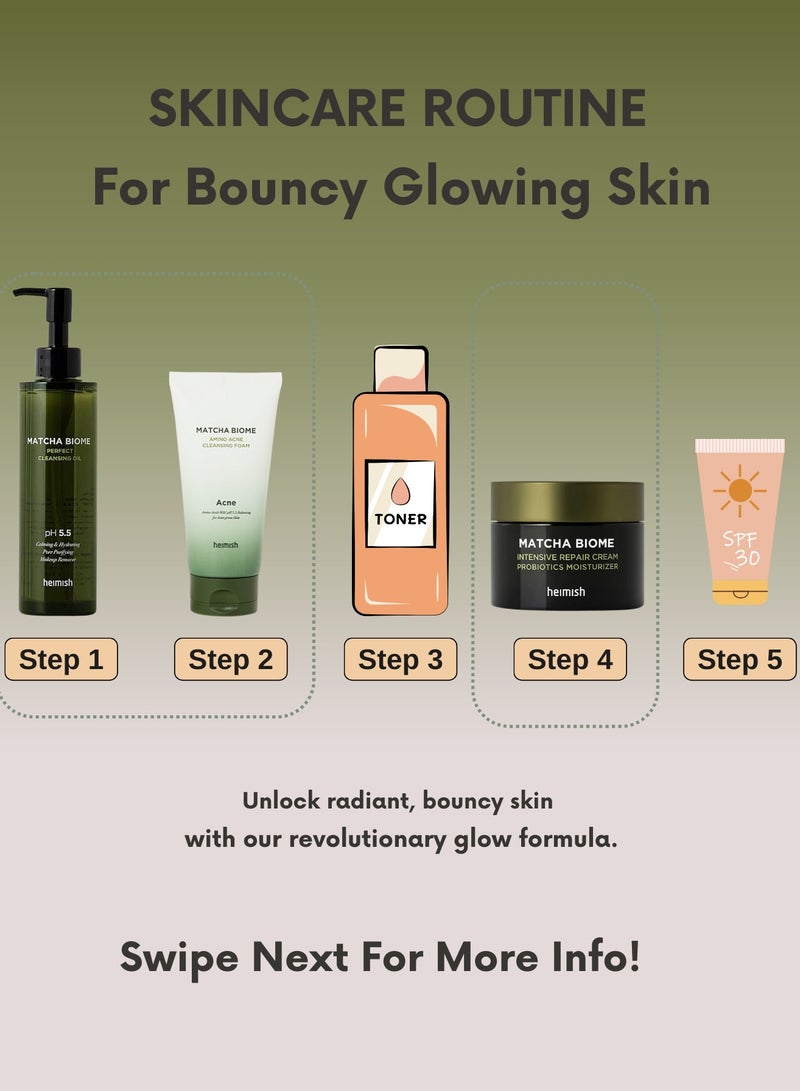 Heimish Matcha Biome Skincare Trio: Amino Acne Cleansing Foam, Redness Relief Hydrating Toner, & Intensive Repair Cream & Face Scrubber