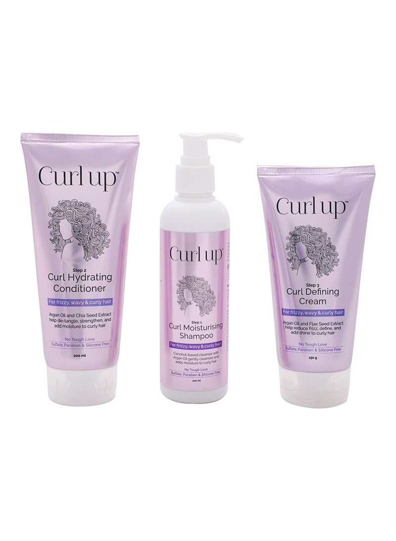 Curl Up Curl Care Bundle with Curly Hair Shampoo, Conditioner and Leave in Curl Defining Cream - For Dry Frizzy, Wavy & Curly Hair - Sulphate Paraben And Silicone Free (Combo of 3)