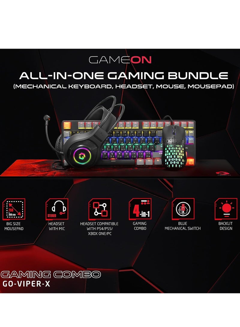 GAMEON VIPER X All In One Gaming Bundle Mechanical Keyboard Headset Mouse and Mousepad RGB Backlit USB Connectivity for PC Gamers Multicolour