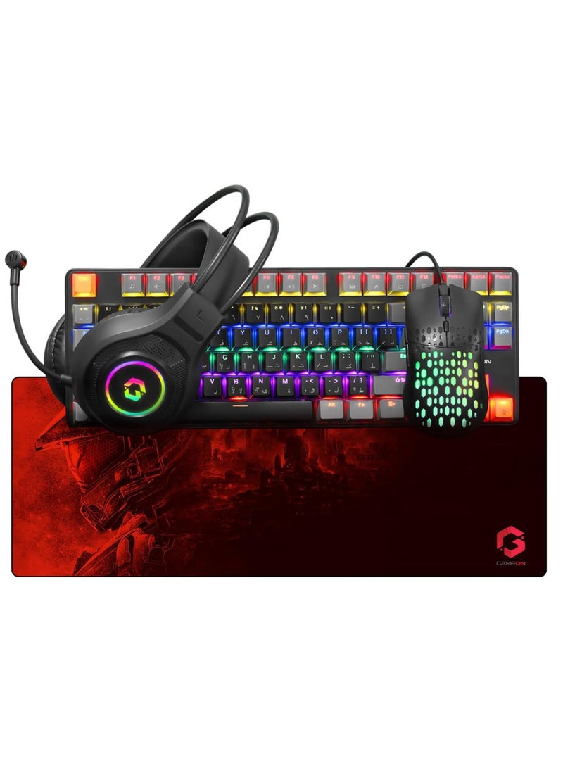 GAMEON VIPER X All In One Gaming Bundle Mechanical Keyboard Headset Mouse and Mousepad RGB Backlit USB Connectivity for PC Gamers Multicolour