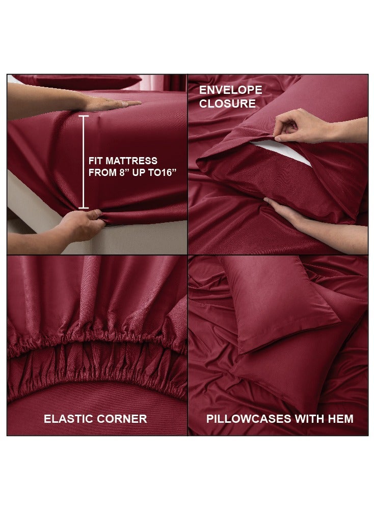 Panax Bedding Double Bed Sheets Set - 4 Piece Bedding - Brushed Microfiber - Shrinkage and Fade Resistant - Easy Care (Burgandy, Double)