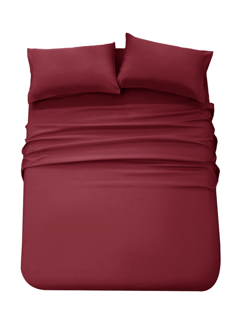 Panax Bedding Double Bed Sheets Set - 4 Piece Bedding - Brushed Microfiber - Shrinkage and Fade Resistant - Easy Care (Burgandy, Double)