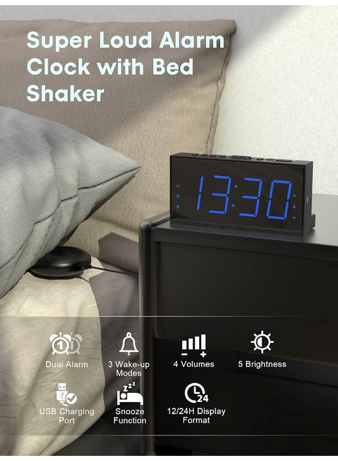 Vibrating Alarm Clock, Extra Loud Alarm Clock With Bed Shaker For Heavy Sleepers, Hearing Impaired, Dual Alarm Clock With Usb Charger, Battery Backup, 7.5