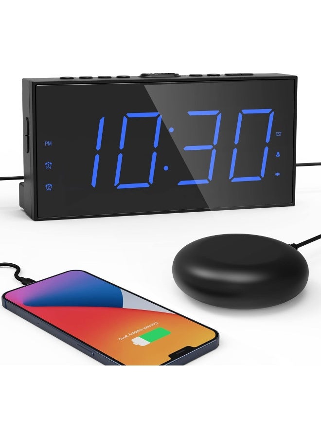 Vibrating Alarm Clock, Extra Loud Alarm Clock With Bed Shaker For Heavy Sleepers, Hearing Impaired, Dual Alarm Clock With Usb Charger, Battery Backup, 7.5