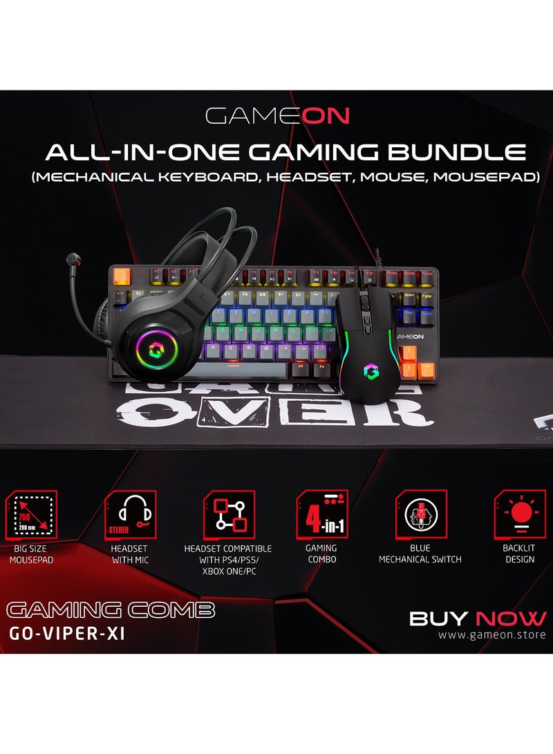 VIPER XI Gaming Mechanical Keyboard Mouse And Mouse Pad Headset, All In One Gaming Bundle Black