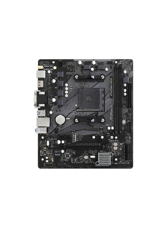 ASROCK A520M-HDV Motherboard, supports AMD AM4 Socket Ryzen™ 3000, 3000 G-Series, 4000 G-Series, 5000 and 5000 G-Series Desktop Processors,  6 Phase Power Design, DDR4 4733+ (OC), 1 x PCIe 3.0 x16, 1 x PCIe 3.0 x1, D-Sub, DVI-D, HDMI, Realtek ALC887 Audio Codec,4 x SATA3, 1 x Ultra M.2(Gen3 x4 & SATA3), Realtek Gigabit LAN