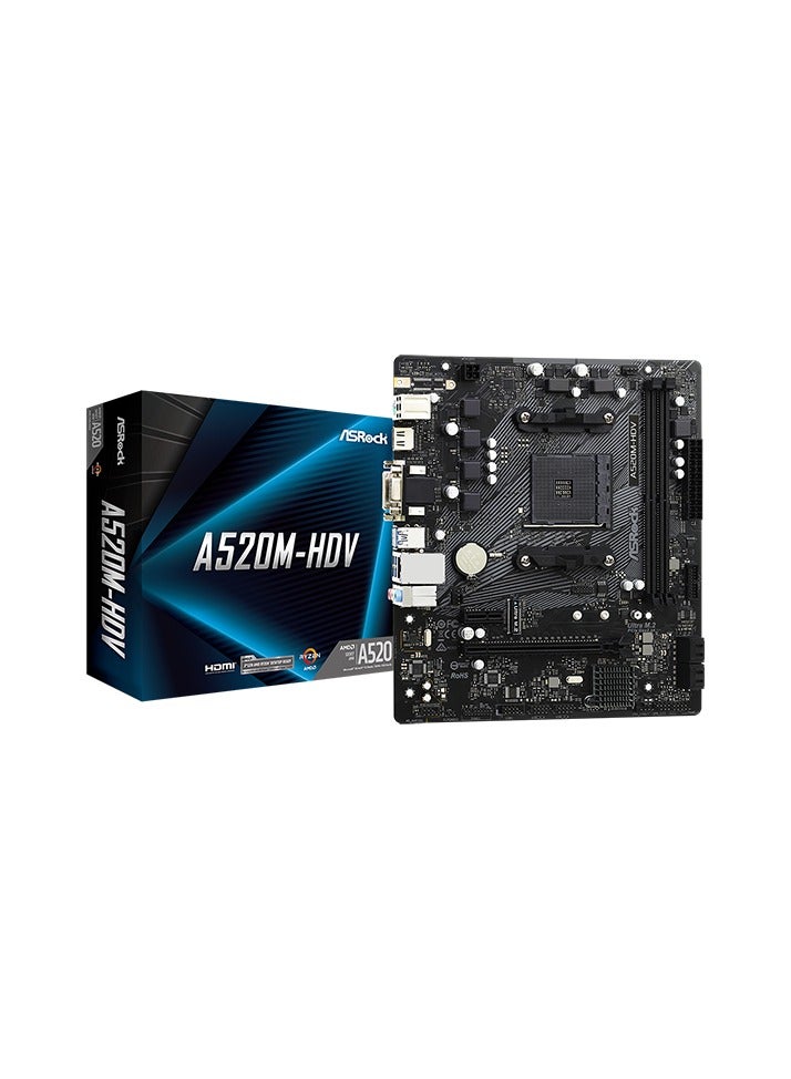 ASROCK A520M-HDV Motherboard, supports AMD AM4 Socket Ryzen™ 3000, 3000 G-Series, 4000 G-Series, 5000 and 5000 G-Series Desktop Processors,  6 Phase Power Design, DDR4 4733+ (OC), 1 x PCIe 3.0 x16, 1 x PCIe 3.0 x1, D-Sub, DVI-D, HDMI, Realtek ALC887 Audio Codec,4 x SATA3, 1 x Ultra M.2(Gen3 x4 & SATA3), Realtek Gigabit LAN