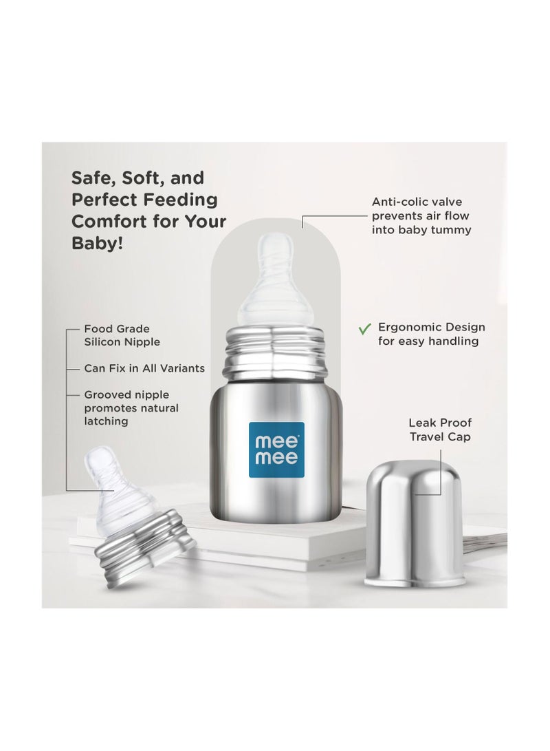 Mee Mee Baby Steel Feeding Bottle 120ml | Baby Milk Bottle with Advanced Anti Colic Valve, BPA Free, Soft Silicone Teat, Wide Neck for Babies/Infants/Newborns of 0-2 Years