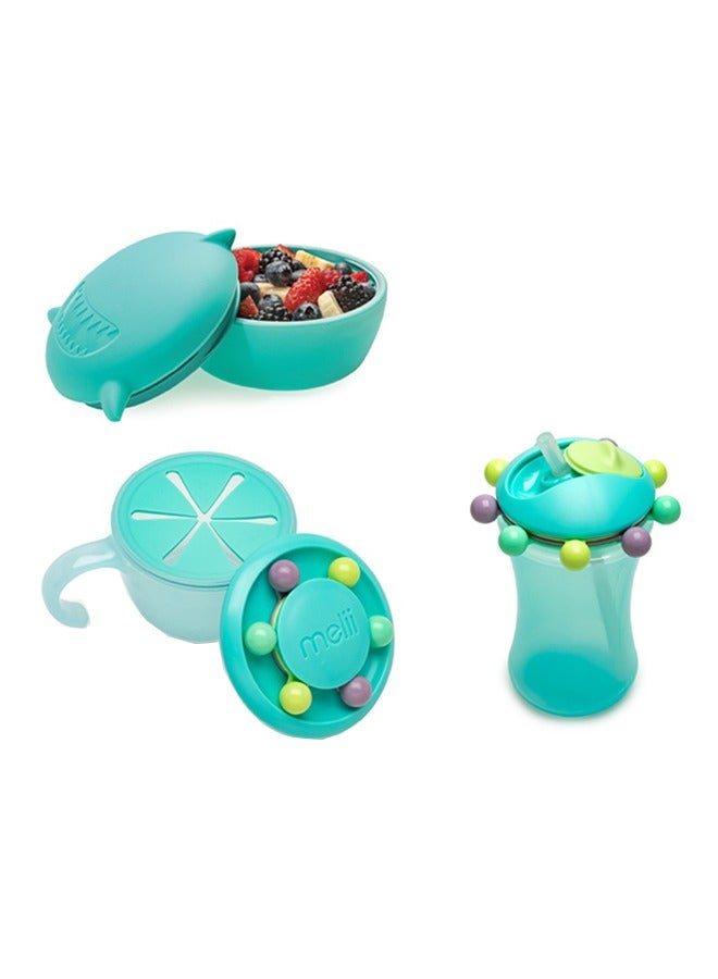 Back To School Bundle - Silicone Bowl With Lid (Turquoise Shark, 350 ml), Abacus Snack Container With Finger Trap (Turquoise), Abacus Straw Sippy Cup (Turquoise, 340 ml)