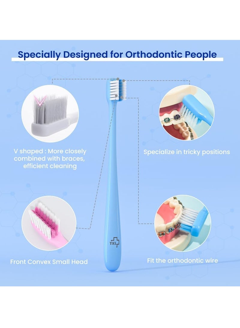 V-Shaped Orthodontic Toothbrush for Braces Brackets 4 Count (Pack of 1) Soft Bristle with Inter Dental Brush