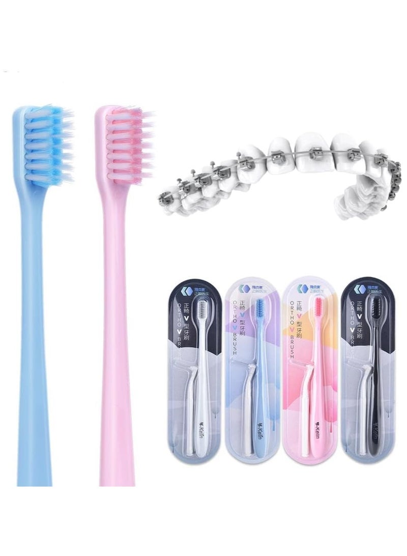 V-Shaped Orthodontic Toothbrush for Braces Brackets 4 Count (Pack of 1) Soft Bristle with Inter Dental Brush