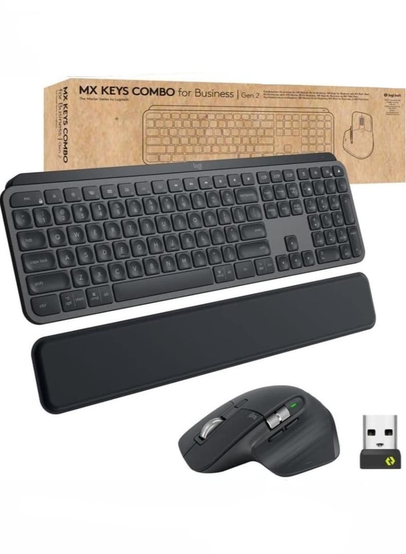 MX Keys Combo for Business | Gen 2, Full Size Wireless Keyboard and Wireless Mouse, with Keyboard Palm Rest, Bluetooth, Logi Bolt, Quiet Clicks, Windows/Mac/Chrome/Linux - (English Arabic layout) Graphite