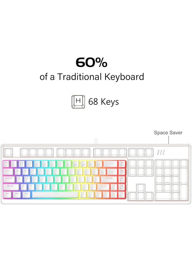 Mechanical Gaming Keyboard 60%,LED Backlit Keyboard, 68 Keys Mini Wired |Red Switch | White