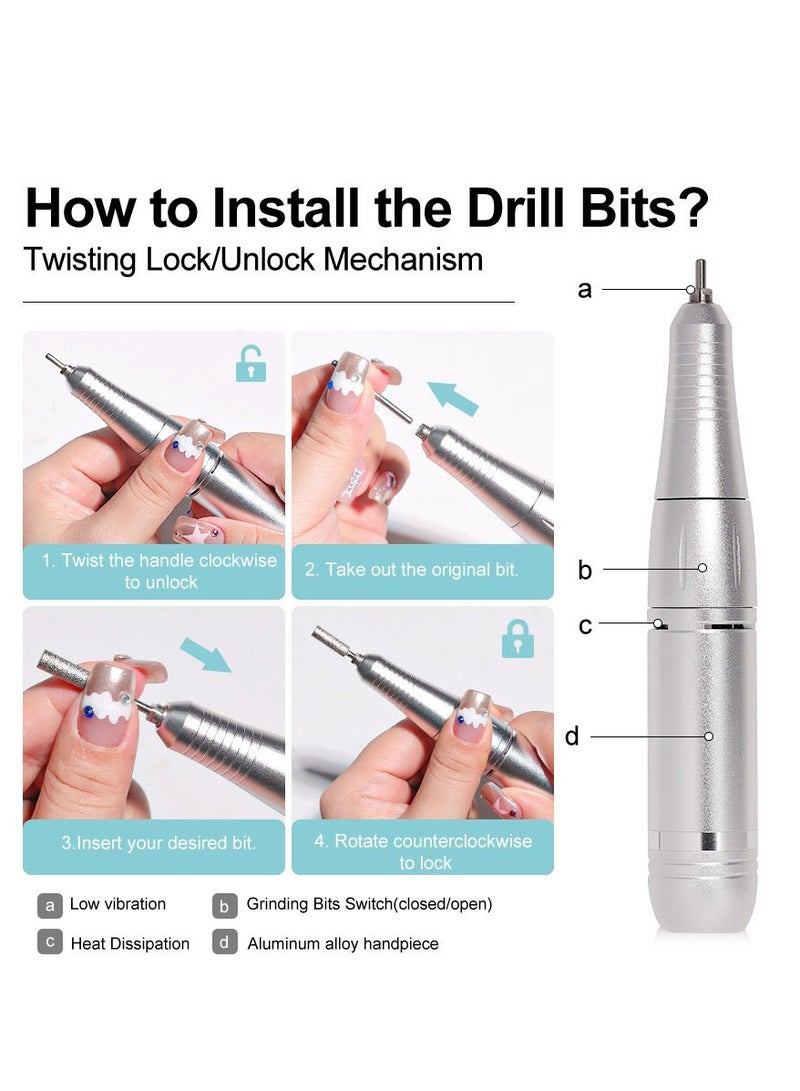 Rechargeable 45000RPM Nail Drill Portable Nail Drill Machine Electric Nail E File Manicure Drill Set High Speed Nail Tools for Nail Salon Silver