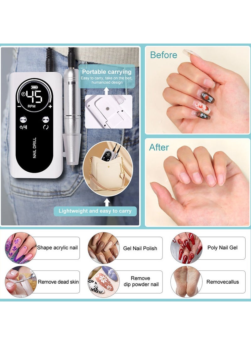 Rechargeable 45000RPM Nail Drill Portable Nail Drill Machine Electric Nail E File Manicure Drill Set High Speed Nail Tools for Nail Salon Silver