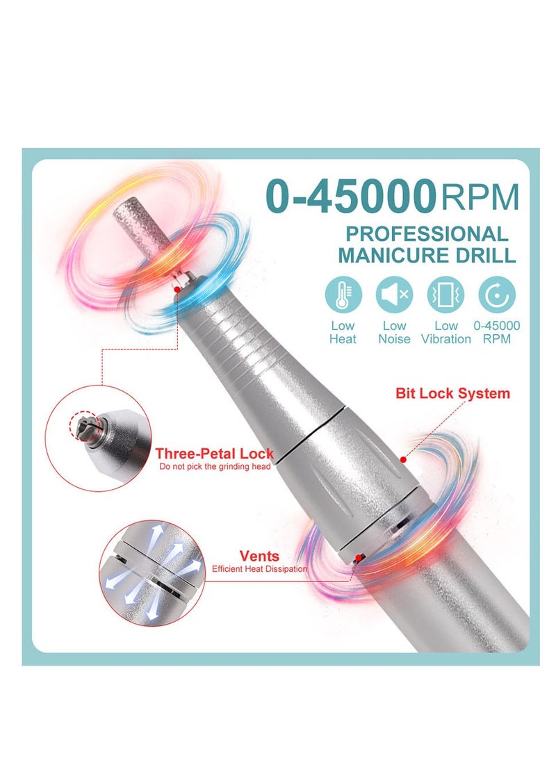 Rechargeable 45000RPM Nail Drill Portable Nail Drill Machine Electric Nail E File Manicure Drill Set High Speed Nail Tools for Nail Salon Silver