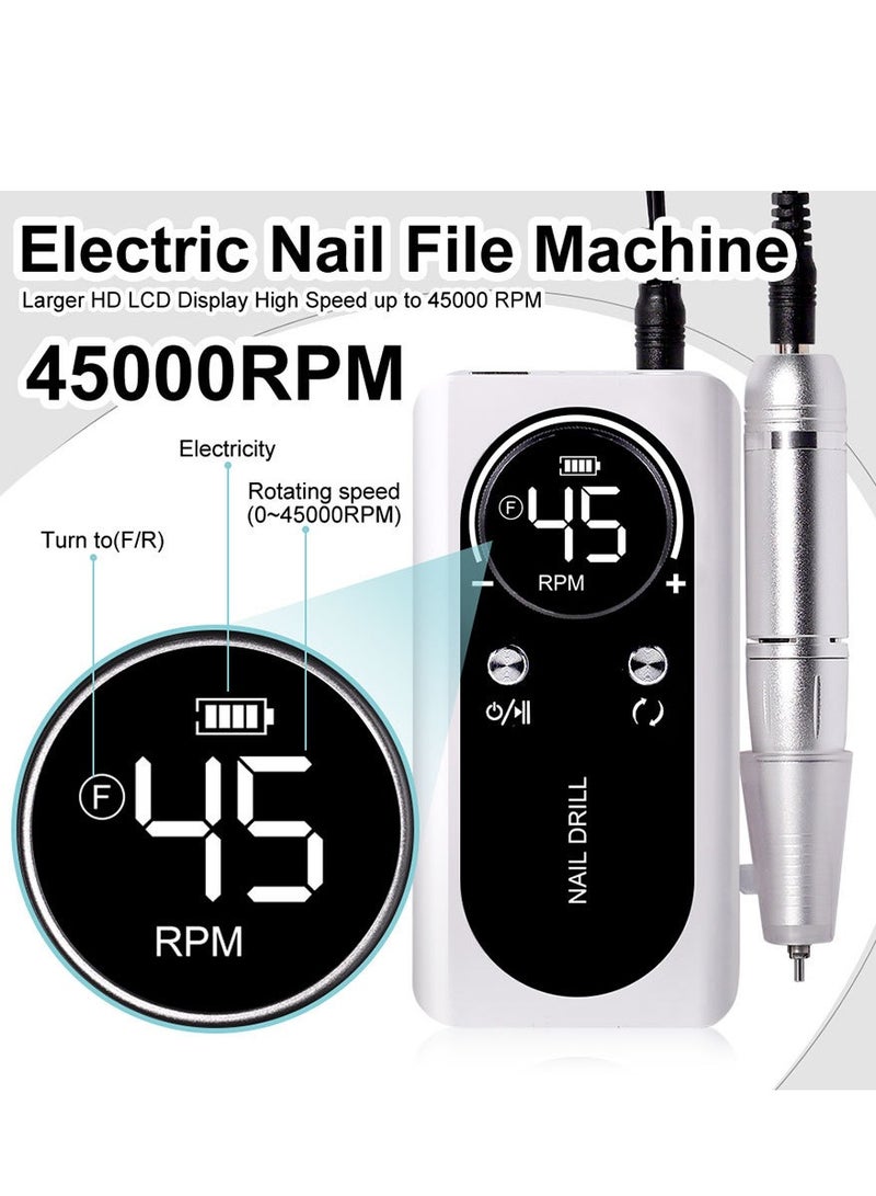 Rechargeable 45000RPM Nail Drill Portable Nail Drill Machine Electric Nail E File Manicure Drill Set High Speed Nail Tools for Nail Salon Silver