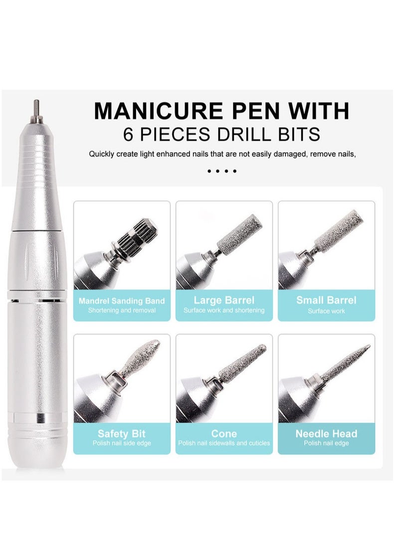 Rechargeable 45000RPM Nail Drill Portable Nail Drill Machine Electric Nail E File Manicure Drill Set High Speed Nail Tools for Nail Salon Silver