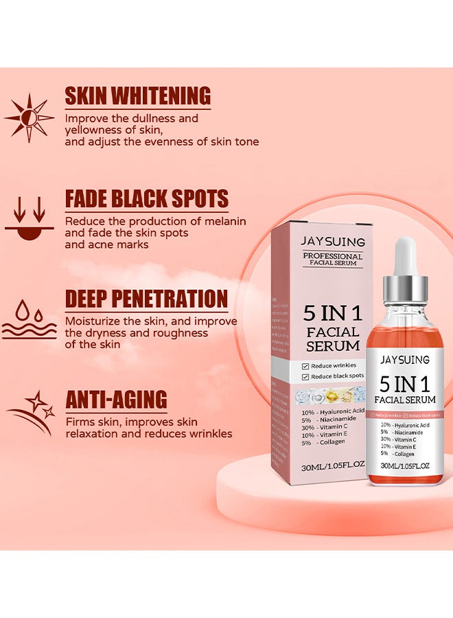 5 In 1 Facial Serum, With Hyaluronic, Acid Niacinamide, Vitarmin C and E, Collagen, For Moisturizing Brightening Face Serum Anti-Aging Facial Serum For Dark Spots, Fine Lines And Wrinkles Smooth Skin