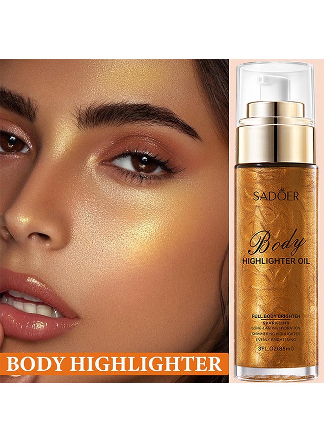 Body Highlighter Oil, Shimmer Body Oil Bronze Gold Bronze Face Brighten Glow Pearl Highlighter Illuminator Body Makeup Shine Glitter Gold Liquid Taning (Bronze, 85ML)