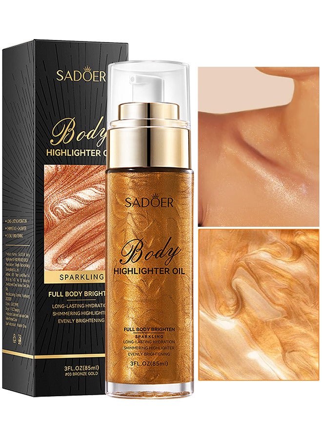 Body Highlighter Oil, Shimmer Body Oil Bronze Gold Bronze Face Brighten Glow Pearl Highlighter Illuminator Body Makeup Shine Glitter Gold Liquid Taning (Bronze, 85ML)