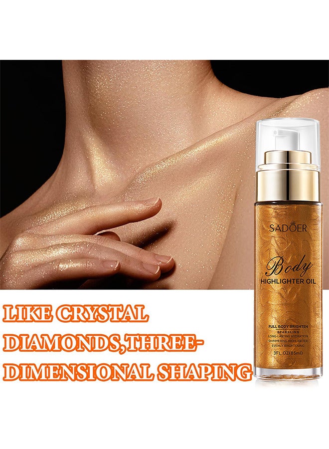 Body Highlighter Oil, Shimmer Body Oil Bronze Gold Bronze Face Brighten Glow Pearl Highlighter Illuminator Body Makeup Shine Glitter Gold Liquid Taning (Bronze, 85ML)