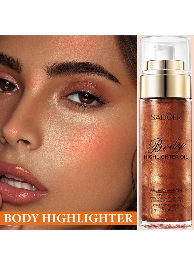 Body Highlighter Oil, Shimmer Body Oil Bronze Gold Bronze Face Brighten Glow Pearl Highlighter Illuminator Body Makeup Shine Glitter Gold Liquid Taning (Red Brown, 85ML)