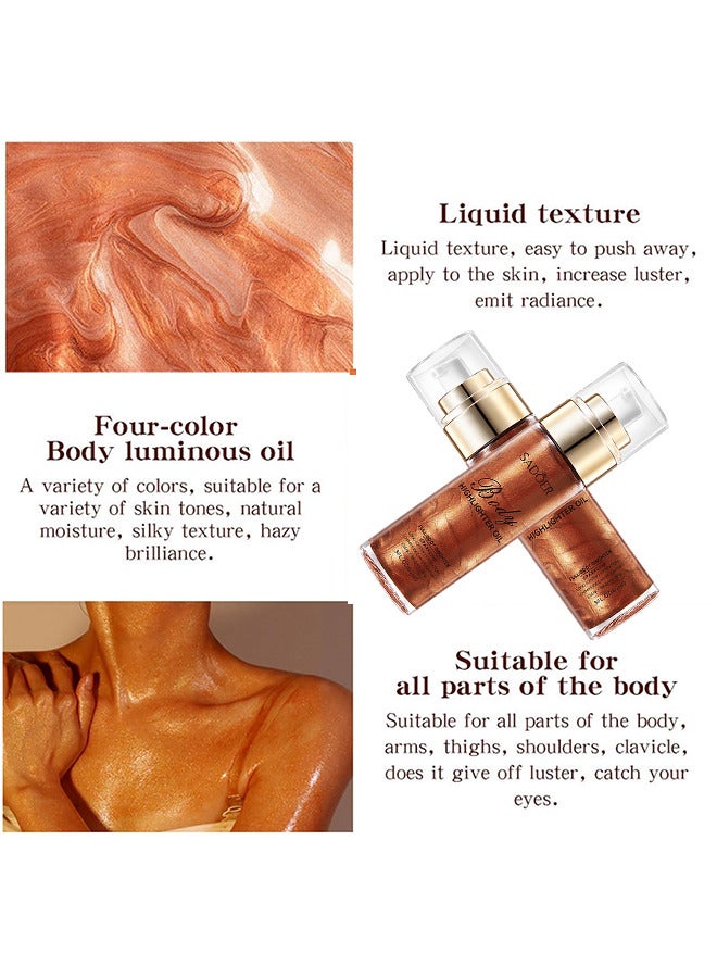 Body Highlighter Oil, Shimmer Body Oil Bronze Gold Bronze Face Brighten Glow Pearl Highlighter Illuminator Body Makeup Shine Glitter Gold Liquid Taning (Red Brown, 85ML)