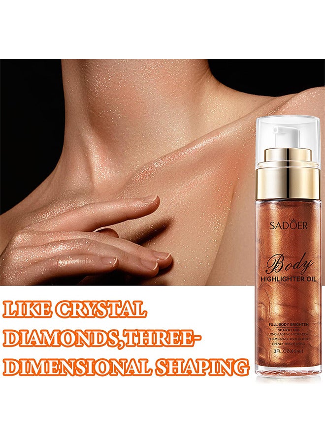 Body Highlighter Oil, Shimmer Body Oil Bronze Gold Bronze Face Brighten Glow Pearl Highlighter Illuminator Body Makeup Shine Glitter Gold Liquid Taning (Red Brown, 85ML)