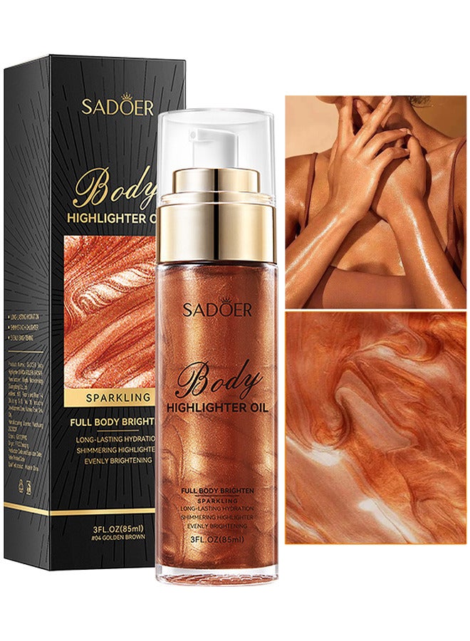 Body Highlighter Oil, Shimmer Body Oil Bronze Gold Bronze Face Brighten Glow Pearl Highlighter Illuminator Body Makeup Shine Glitter Gold Liquid Taning (Red Brown, 85ML)