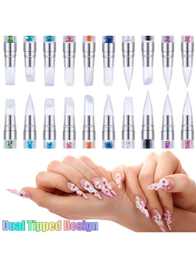 10 Pieces Nail Art Acrylic Pen Dual Tipped Silicone Rhinestone Nail Polish Carving Pen Silicone Head Acrylic Handle Nail Art Brushes Manicure Diy Brush Dotting Tools For Home Salon