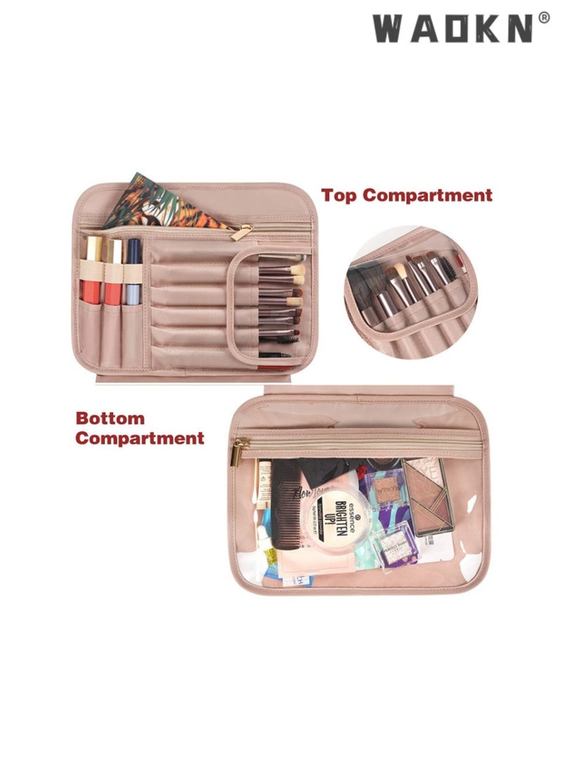 Portable Toiletry Bag, Hanging Travel Makeup Bag for Women, Large Waterproof Cosmetic Bags Fashion Travel Storage Bag with Elastic Band Holders for Toiletries, Cosmetics, Brushes, Bottle, Pink