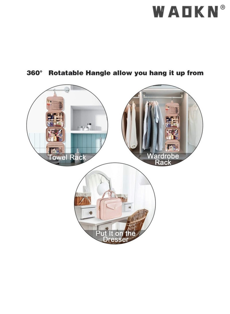 Portable Toiletry Bag, Hanging Travel Makeup Bag for Women, Large Waterproof Cosmetic Bags Fashion Travel Storage Bag with Elastic Band Holders for Toiletries, Cosmetics, Brushes, Bottle, Pink