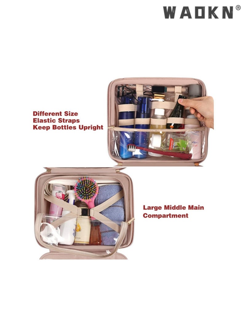 Portable Toiletry Bag, Hanging Travel Makeup Bag for Women, Large Waterproof Cosmetic Bags Fashion Travel Storage Bag with Elastic Band Holders for Toiletries, Cosmetics, Brushes, Bottle, Pink