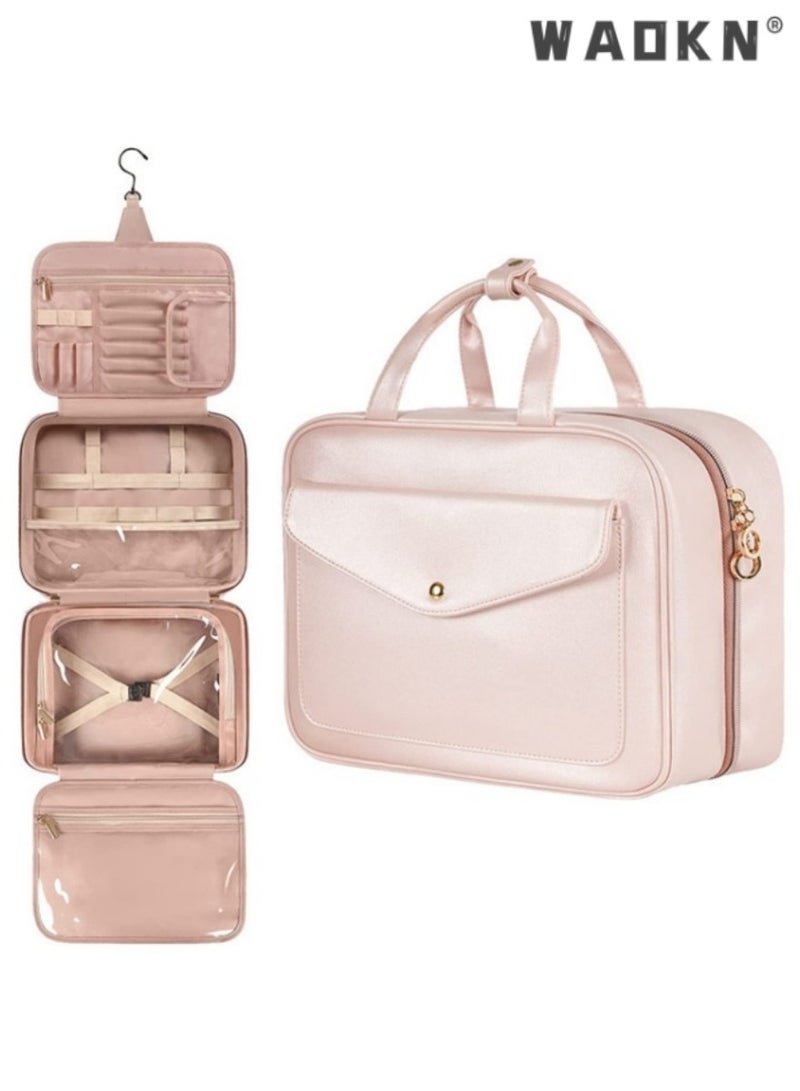 Portable Toiletry Bag, Hanging Travel Makeup Bag for Women, Large Waterproof Cosmetic Bags Fashion Travel Storage Bag with Elastic Band Holders for Toiletries, Cosmetics, Brushes, Bottle, Pink